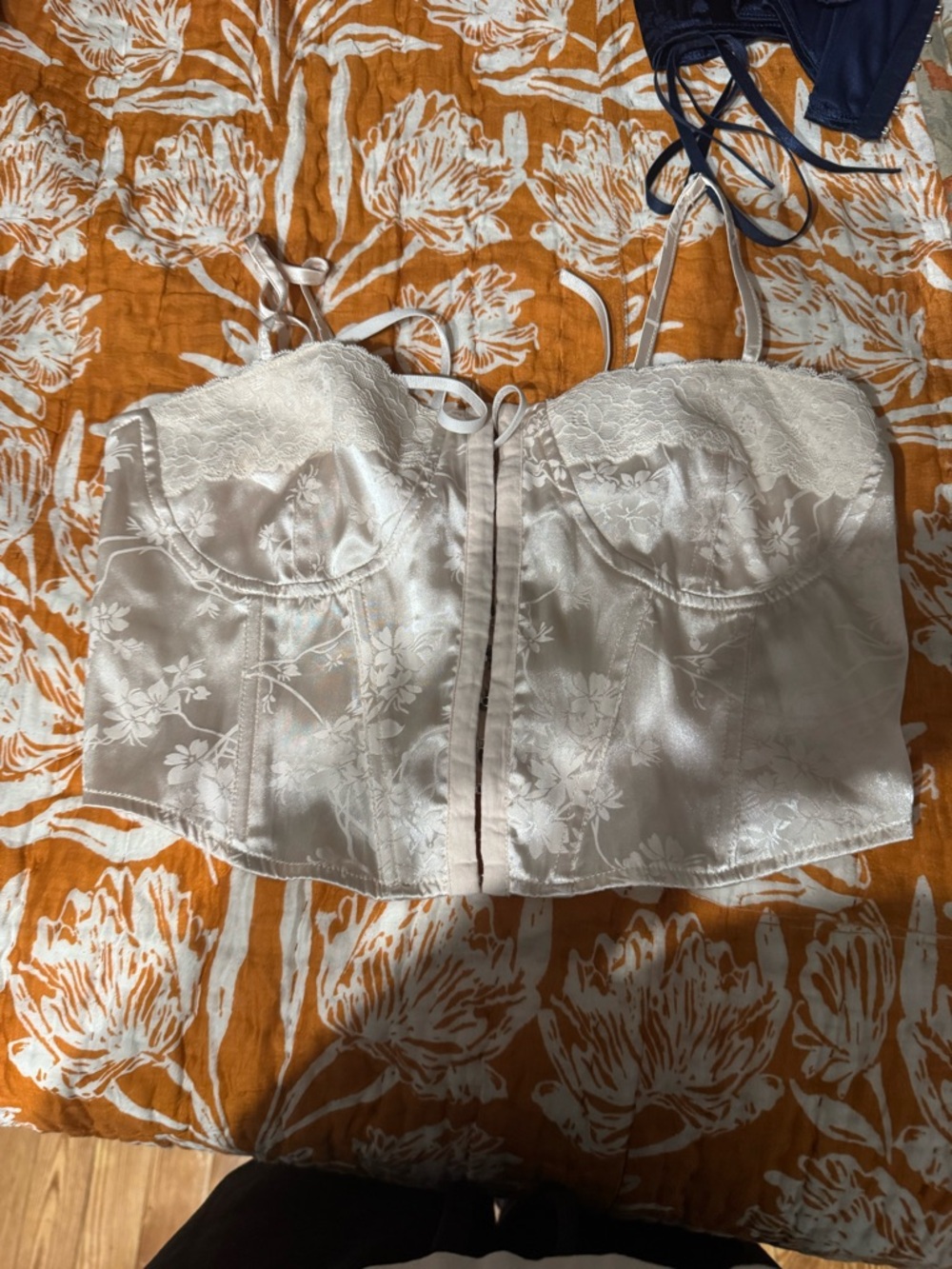 La Hearts Satin Floral Lace Bustier Camisole in Ivory